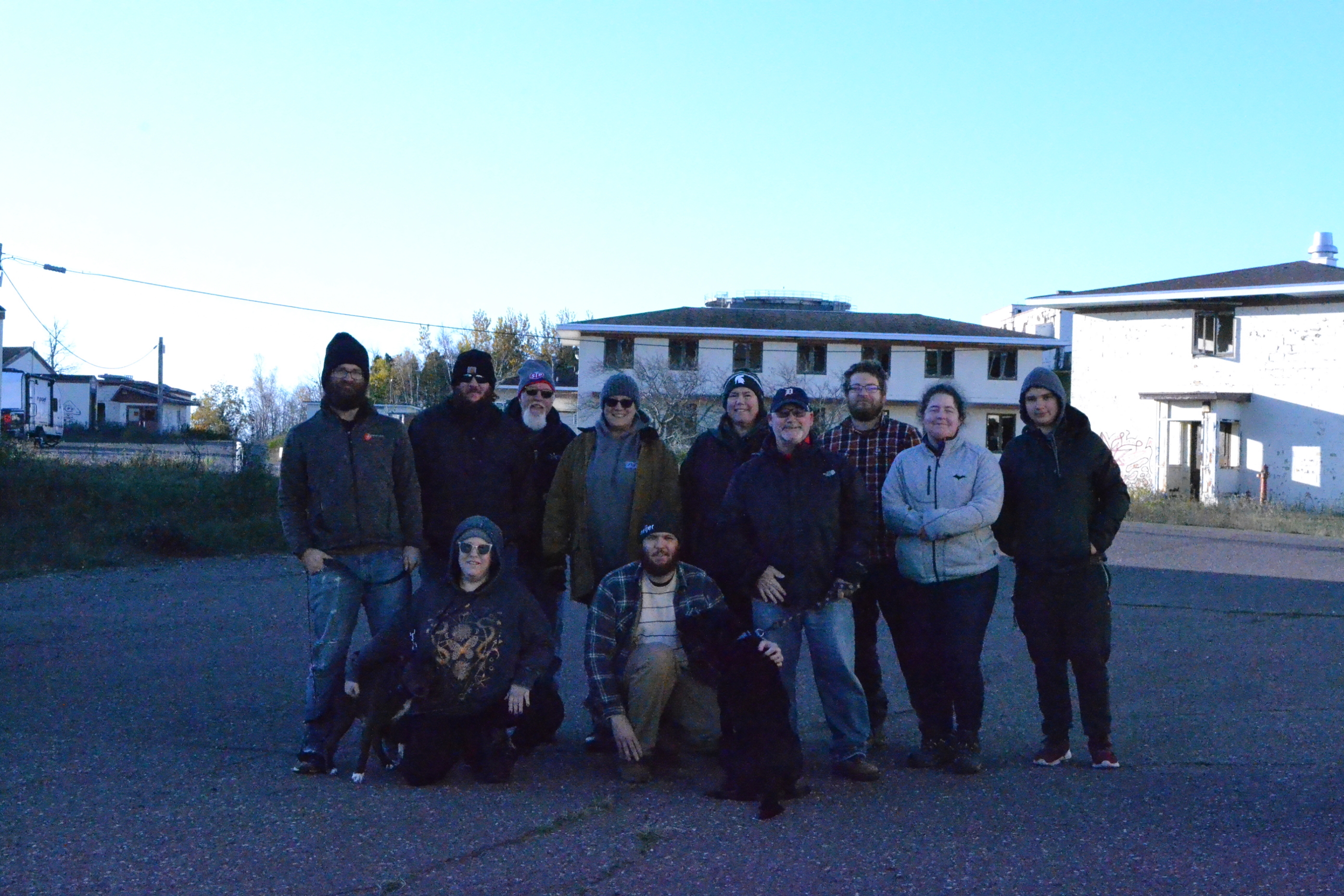 A group picture of part of the crew that purchased the Calumet Air Force Station in Fall of 2021.